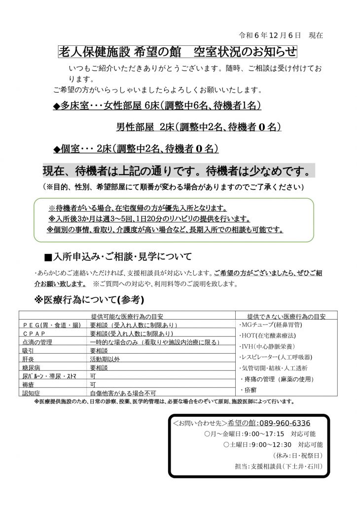 空室状況のお知らせ(12月6日)